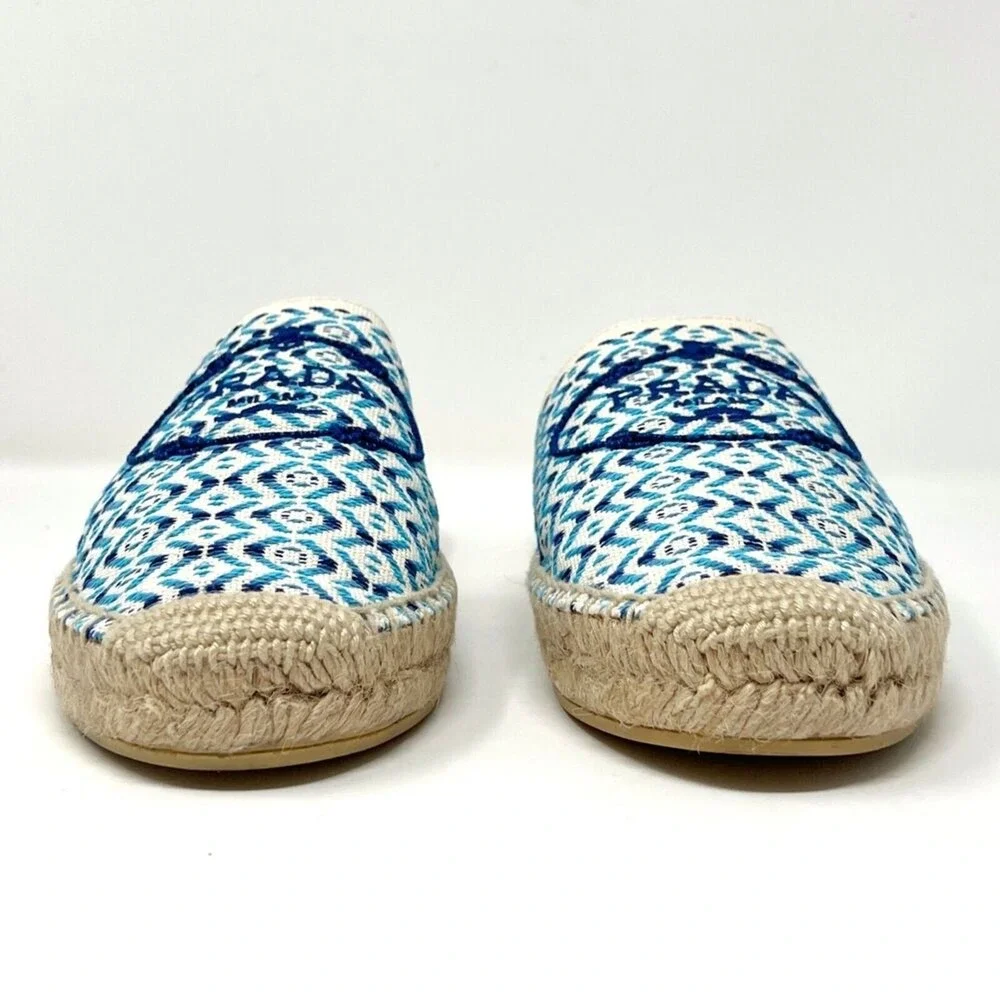 Prada Blue Embroidered Logo Pattern‎ Espadrille Slides Size 38